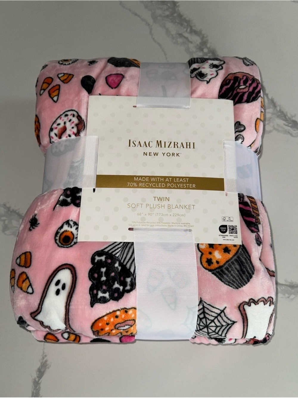 Isaac Mizrahi New York Pink Halloween Plush Blanket with Ghosts & Cupcakes